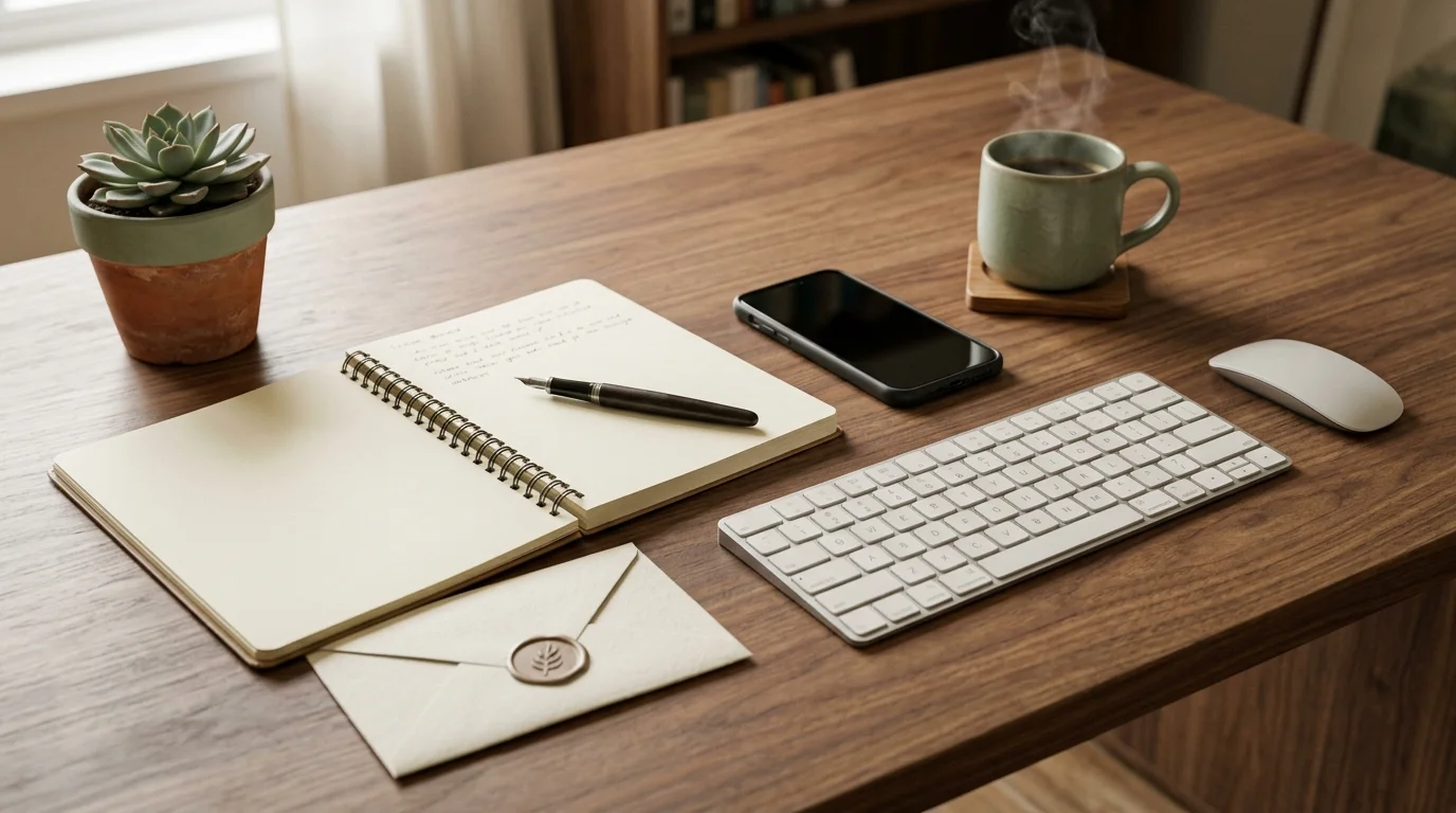 Mesa de trabajo de la redacción editorial con cuaderno, bolígrafo y teclado, lista para atender consultas