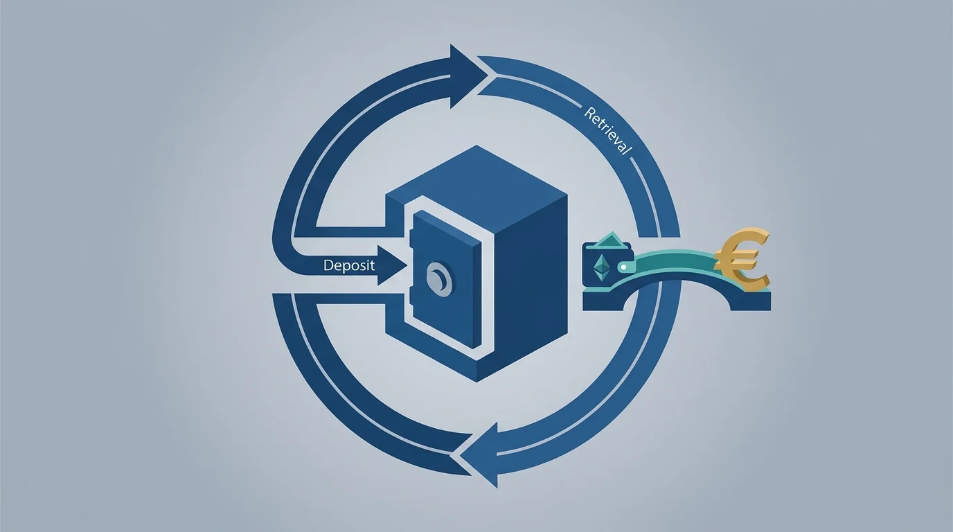 Concepto visual de la regla DGOJ de mismo método para depósito y retirada y de Bitnovo Pay como pasarela cripto-EUR