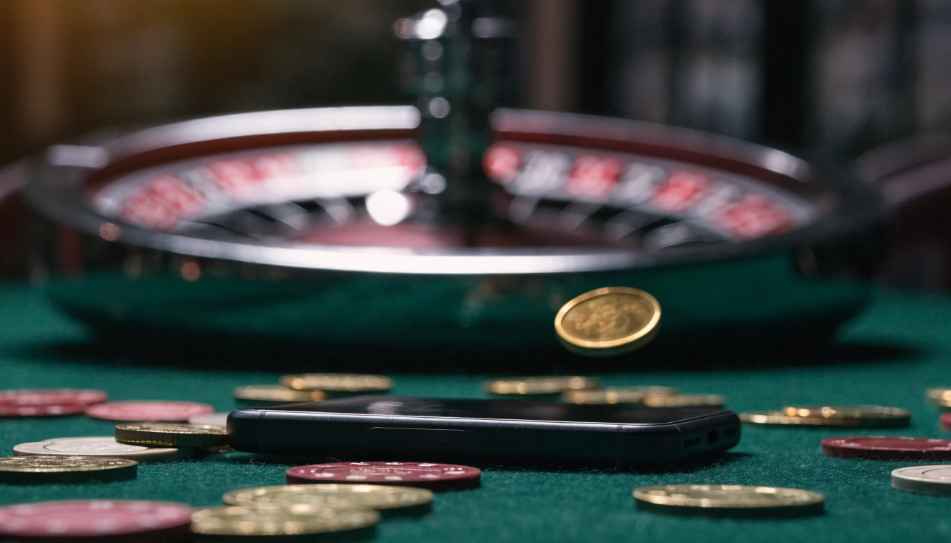 Teléfono boca abajo sobre mesa de casino con fichas doradas y ruleta al fondo
