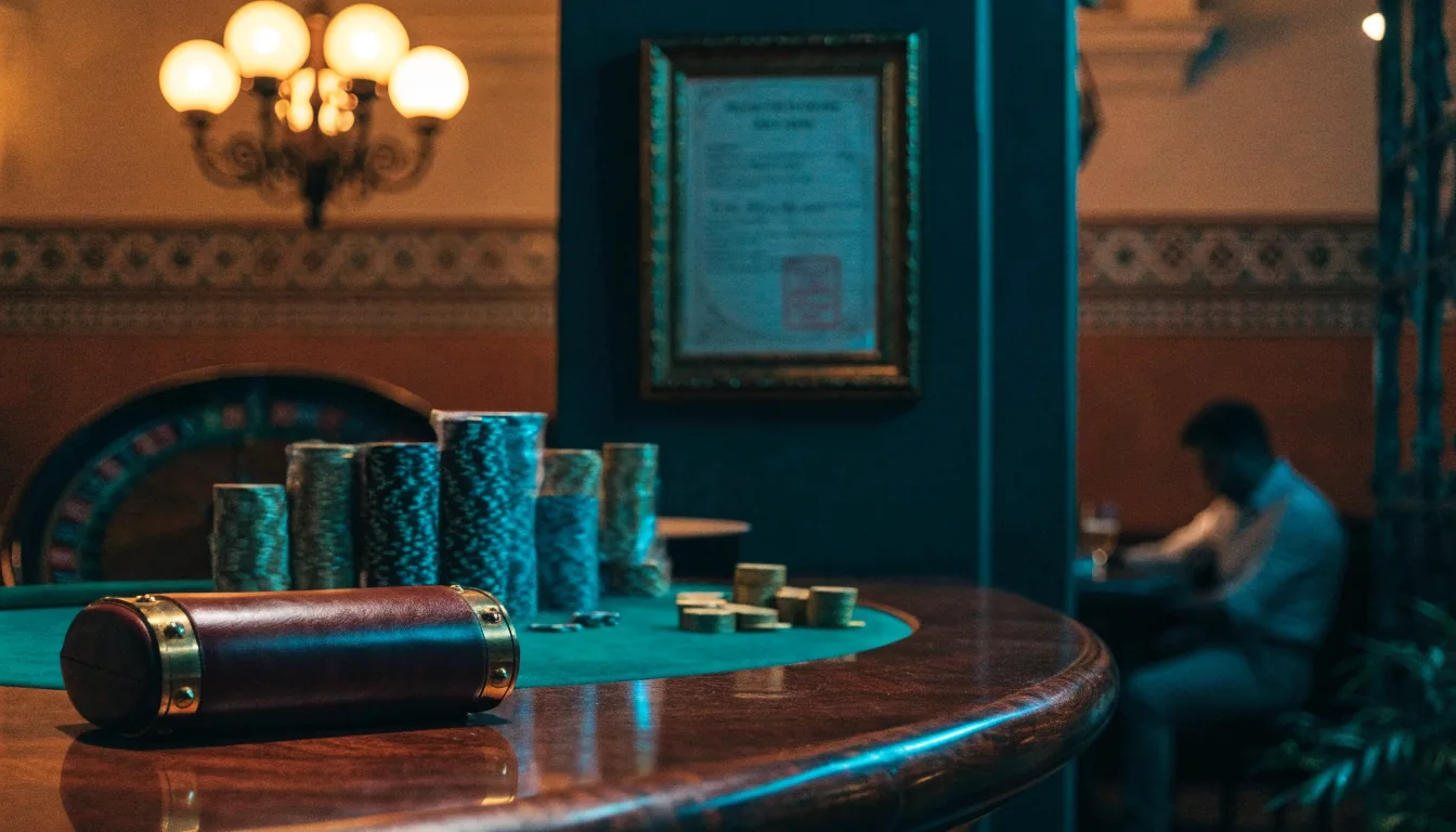 Sala de casino elegante con fichas, ruleta y documento de licencia oficial
