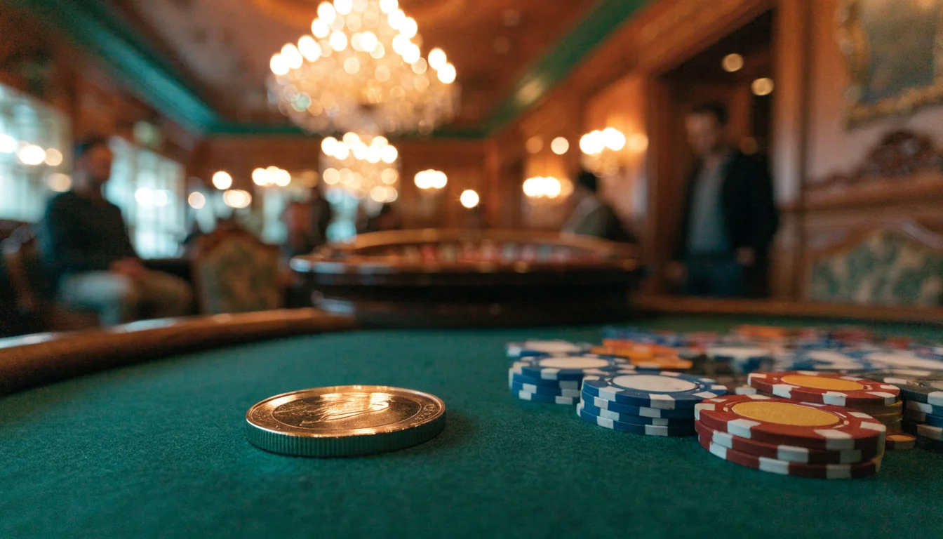 Mesa de casino con una moneda de un euro, fichas de póker y ruleta al fondo