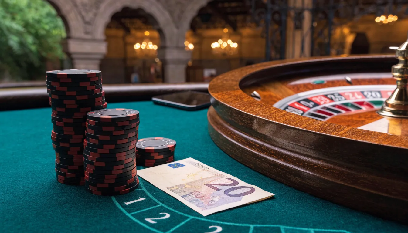 Mesa de casino con fichas, ruleta y billete de 20 euros en ambiente español
