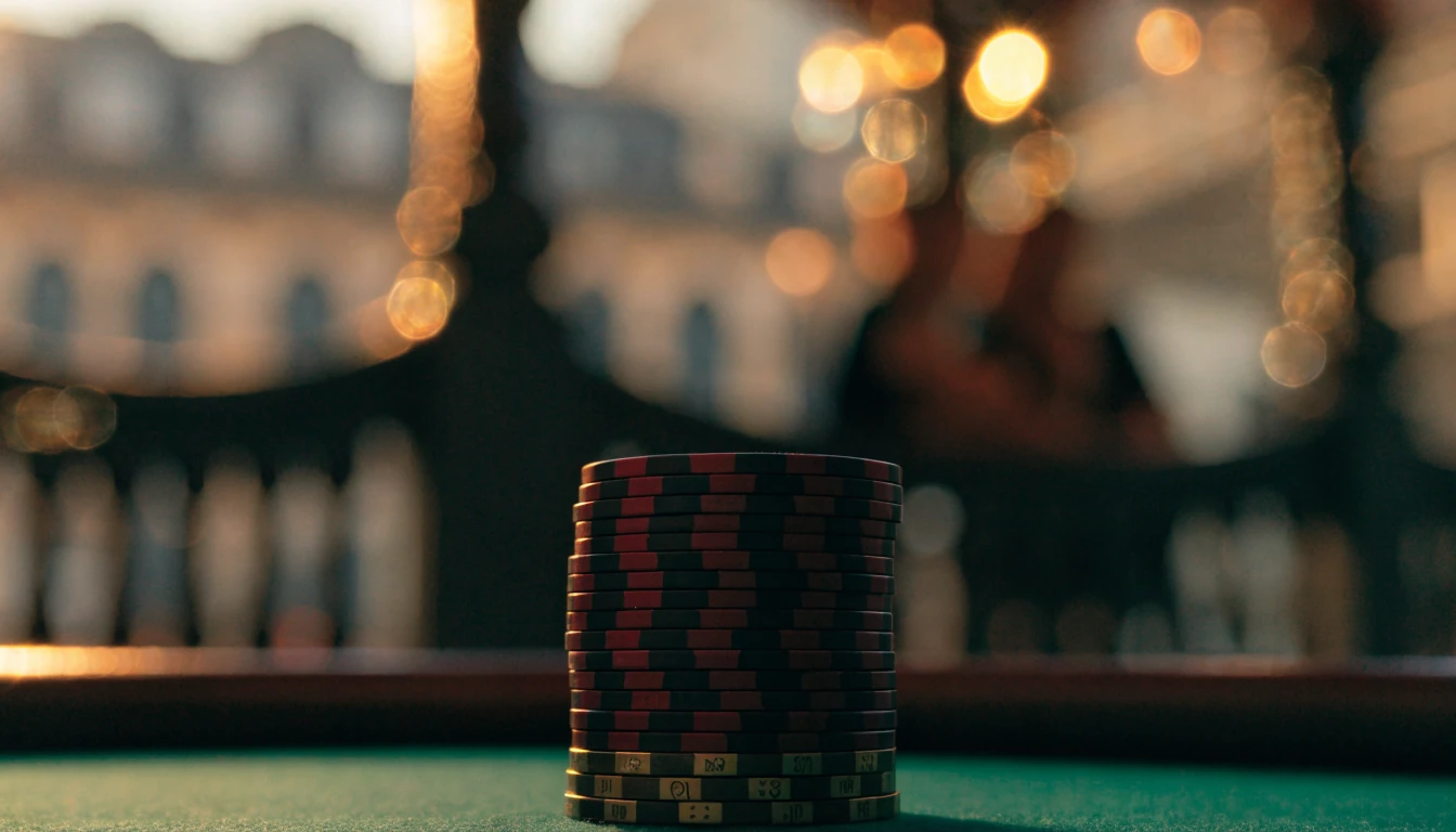 Torre de fichas de casino sobre mesa verde con luces cálidas mediterráneas al fondo