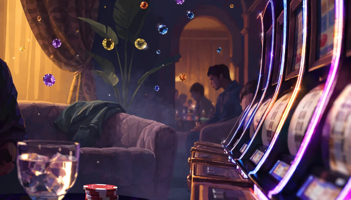 Tragaperras iluminadas con gemas brillantes y fichas en un casino español