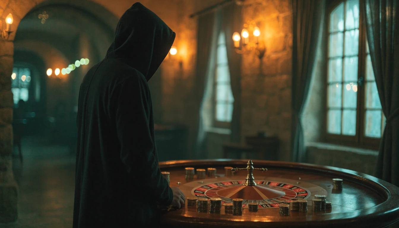 Sala de casino elegante y tenue con ruleta, monedas de criptomonedas y figura encapuchada de espaldas