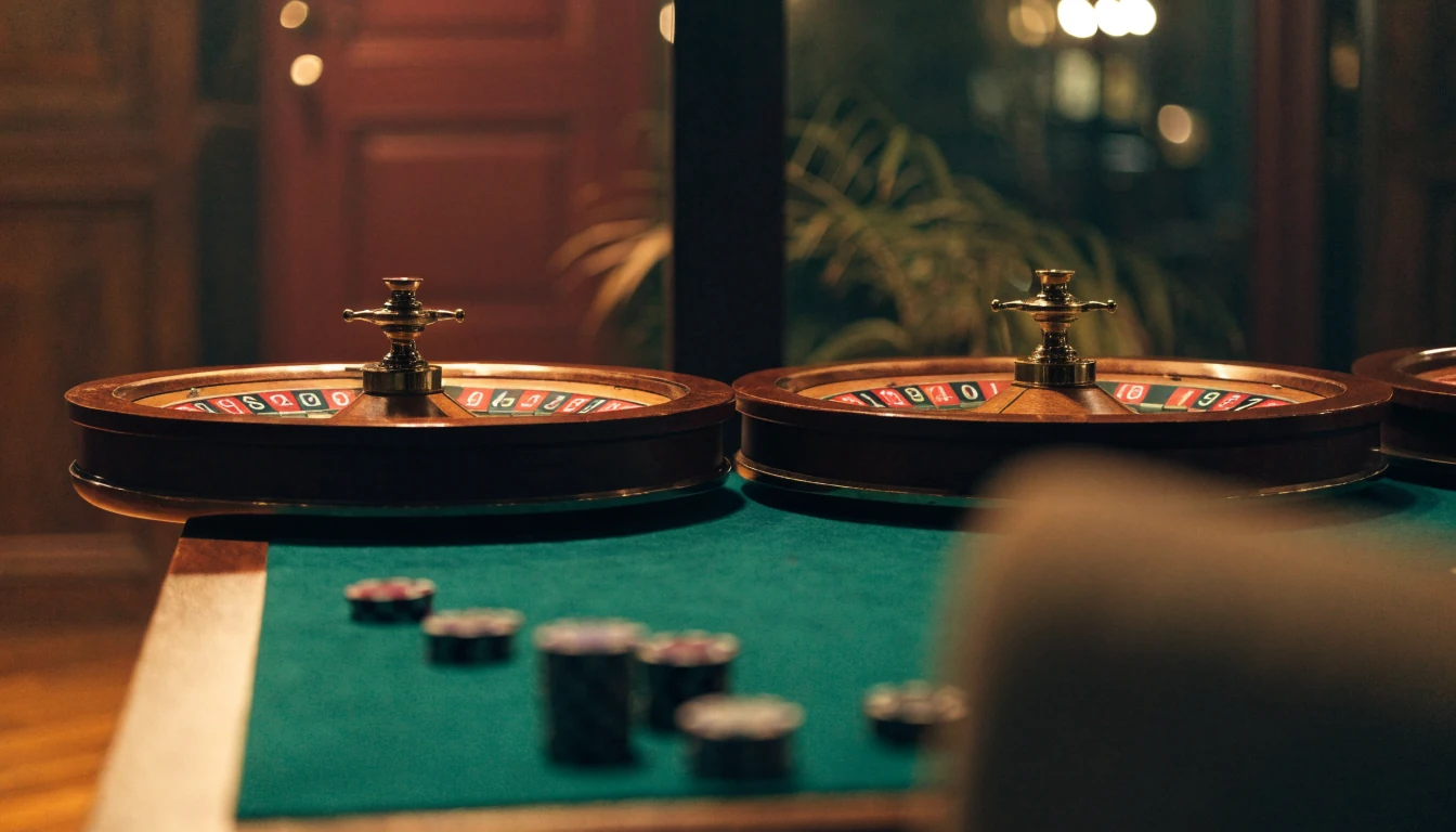 Dos ruletas de casino, una europea y otra americana, sobre una mesa de fieltro verde con fichas doradas.