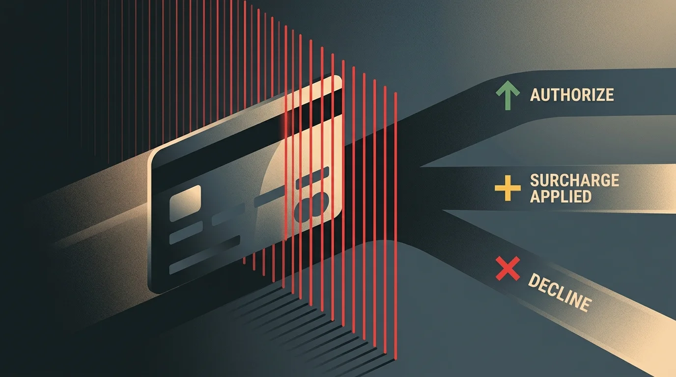 Concepto visual del código MCC 7995 y la fricción de las redes bancarias con las transacciones de juego en operadores internacionales